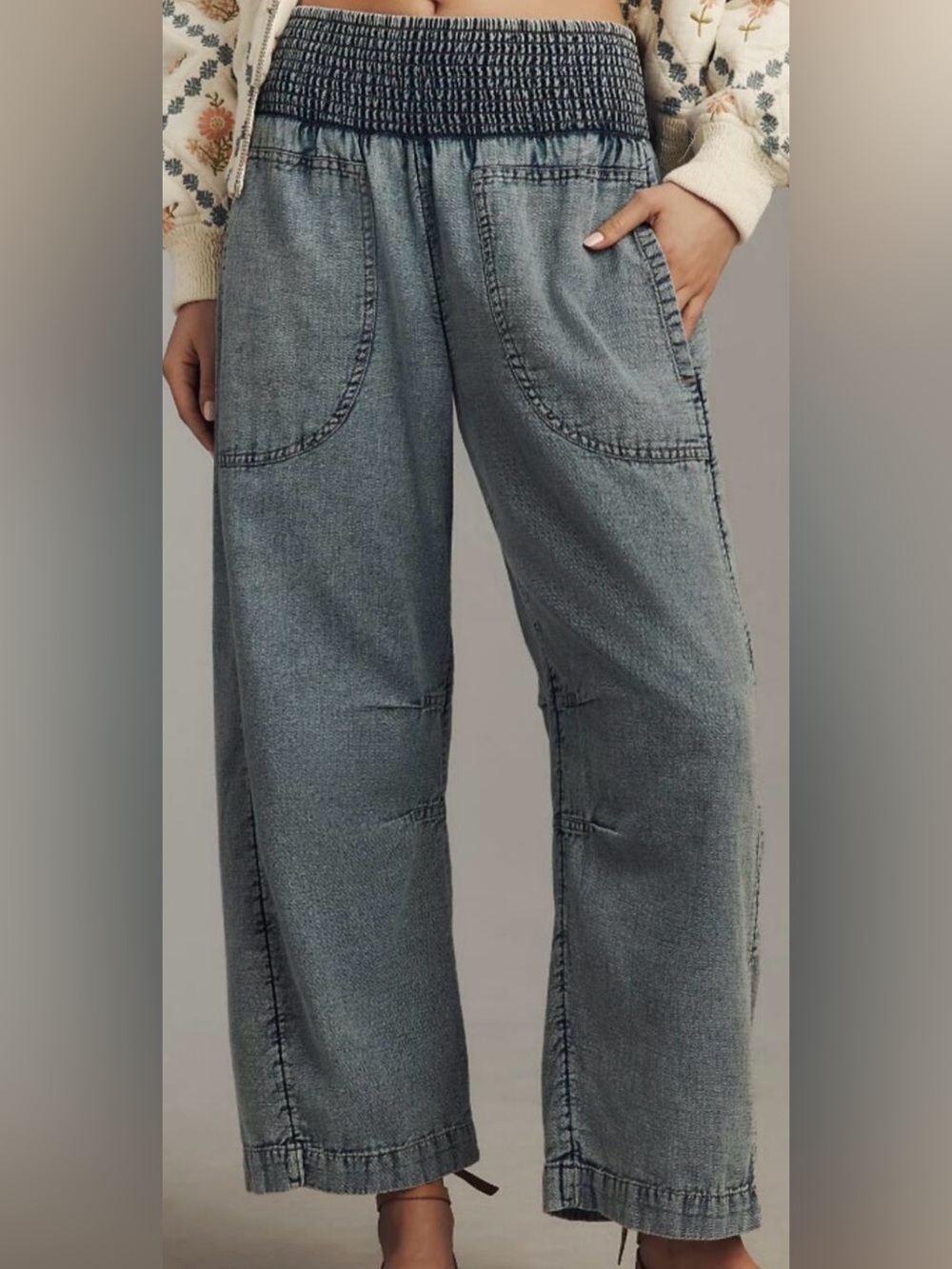 Anthropologie Pilcro Reese Smocked Pull-On Barrel Jeans Cotton M MP Petite  NWT
